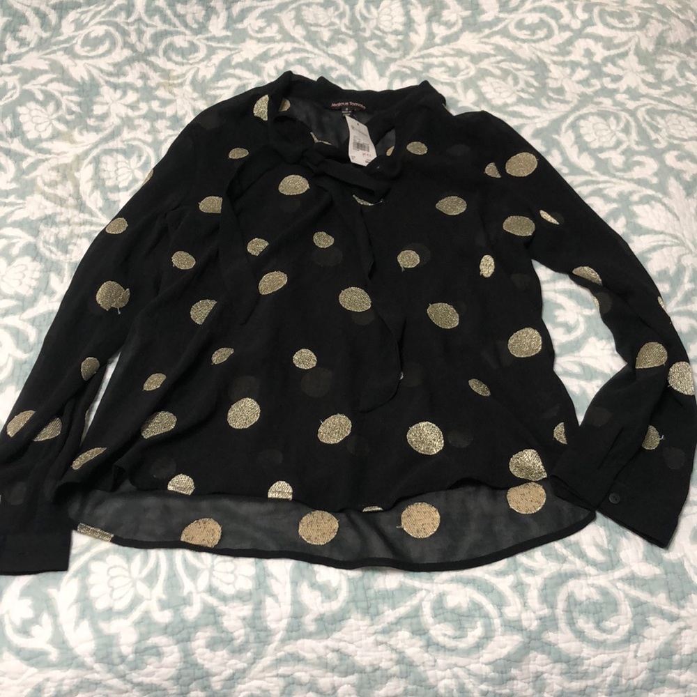 NWT Black Blouse With Gold Polka Dots